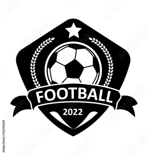 Football badge black. Shield with ball and wreath, badge for competitions. Branding and naming. Sticker for social networks and messengers in minimalist style. Cartoon flat vector illustration
