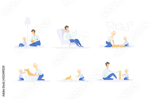 Mom and Dad with Their Son Reading Book, Solving Jigsaw Puzzle, Washing Dog, Playing Jenga and Kitten Spending Good Time Together Vector Set