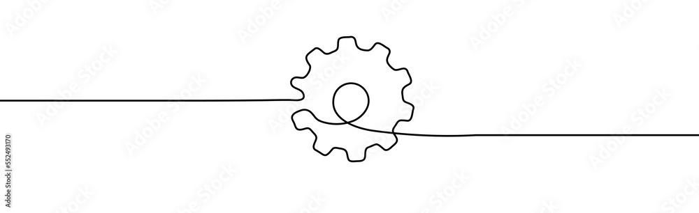 Single gear one line drawing. One continuous line illustration of gear wheel. Moving cog gear. Vector illustration. - obrazy, fototapety, plakaty 