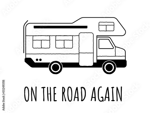 Camping badge concept. On road again, metaphor for tourism and adventure, active lifestyle. Sticker for social networks and messengers in minimalistic style. Cartoon flat vector illustration