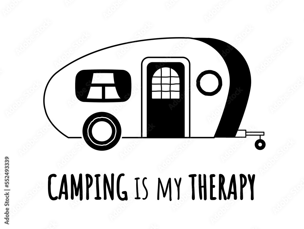 Camping badge concept. Van for travel and recreation in forest, comfort and coziness. Graphic element for printing on fabric in minimalistic style. Creativity and art. Cartoon flat vector illustration Camping badge concept. Van for travel and recreation in forest, comfort and coziness. Graphic element for printing on fabric in minimalistic style. Creativity and art. Cartoon flat vector illustration