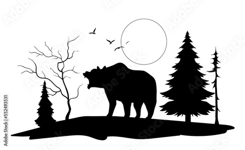 Bear silhouette in forest. Scary animal, dangerous predator and mammal. Wildlife symbol, nature and biology. Halloween greeting card design, poster or banner. Cartoon flat vector illustration
