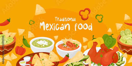 Seamless horizontal border with traditional mexican food. Latin American dishs Quesadilla, Tacos, guacamole with nachos, green Soup and Tomato Soup, Mexican Achiote Chicken. Vector illustration.