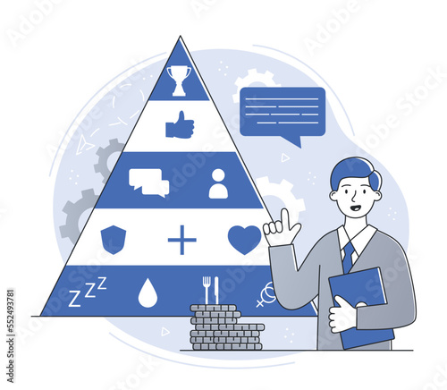 Trendwatcher online service. Man with notebook on background of pyramid of needs, character evaluates content. SEO IT SMM specialist, website promotion concept. Cartoon flat vector illustration