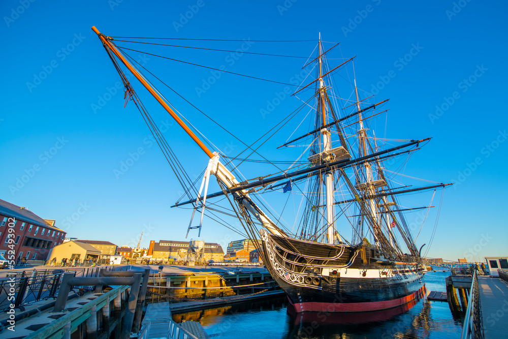 USS Constitution is a three masted wooden hulled heavy frigate of the United States Navy docked at Charlestown Navy Yard in Boston, Massachusetts MA, USA. She is the world's oldest ship still afloat. 