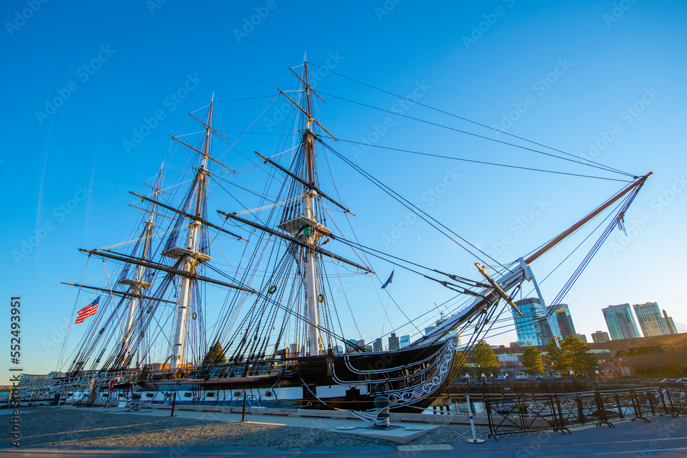 USS Constitution is a three masted wooden hulled heavy frigate of the United States Navy docked at Charlestown Navy Yard in Boston, Massachusetts MA, USA. She is the world's oldest ship still afloat. USS Constitution is a three masted wooden hulled heavy frigate of the United States Navy docked at Charlestown Navy Yard in Boston, Massachusetts MA, USA. She is the world's oldest ship still afloat.