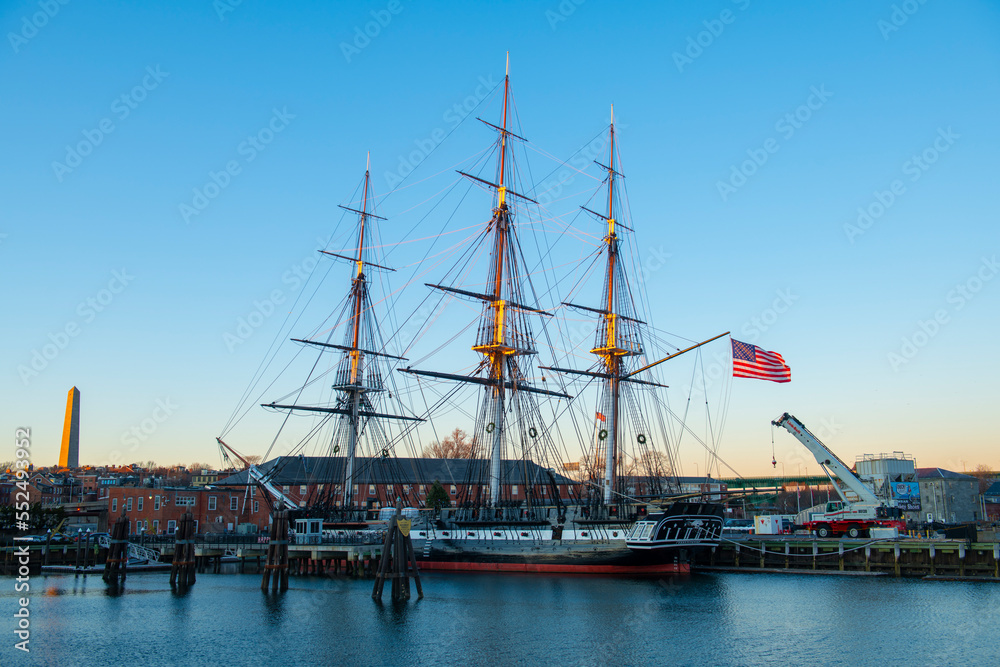 USS Constitution is a three masted wooden hulled heavy frigate of the United States Navy docked at Charlestown Navy Yard in Boston, Massachusetts MA, USA. She is the world's oldest ship still afloat. USS Constitution is a three masted wooden hulled heavy frigate of the United States Navy docked at Charlestown Navy Yard in Boston, Massachusetts MA, USA. She is the world's oldest ship still afloat.