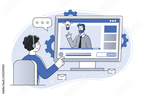Online technical support. Man answers questions, teacher conducts lecture remotely. Modern technologies and digital world. Consultant and remote worker, video call. Cartoon flat vector illustration
