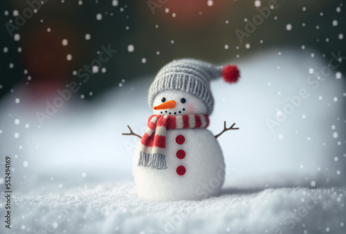 Cute snowman cartoon character isolated on snowy background © NAITZTOYA