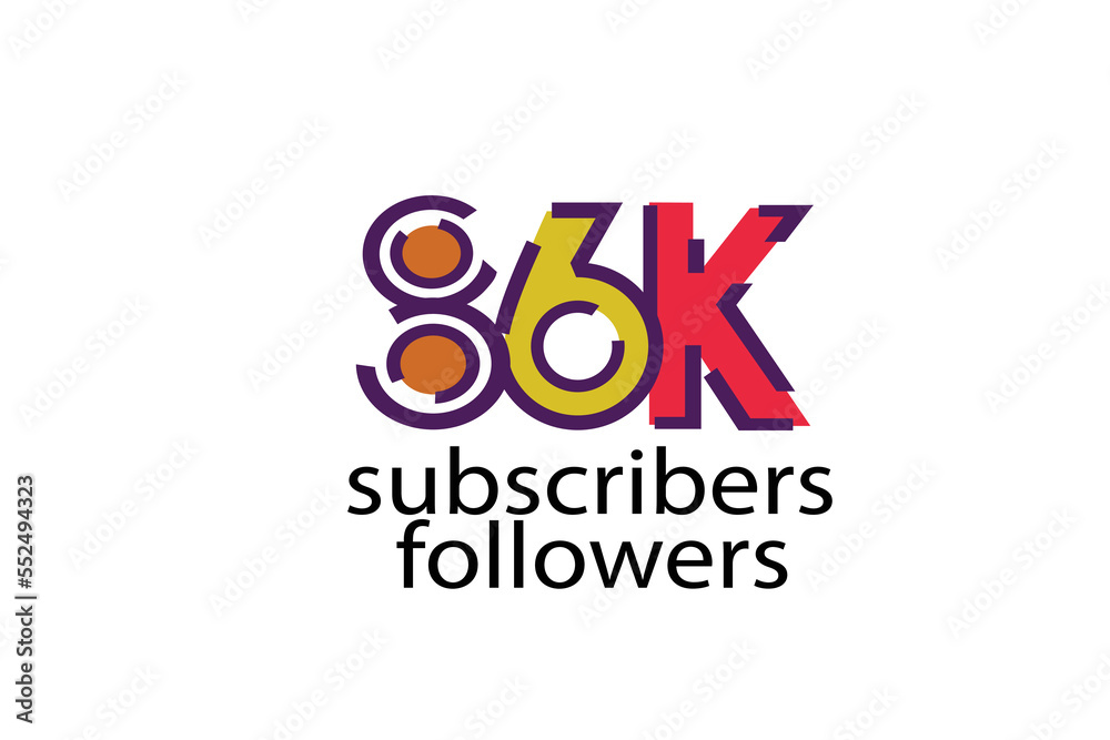 Obraz premium 86K, 86.000 subscribers or followers blocks style with 3 colors on white background for social media and internet-vector