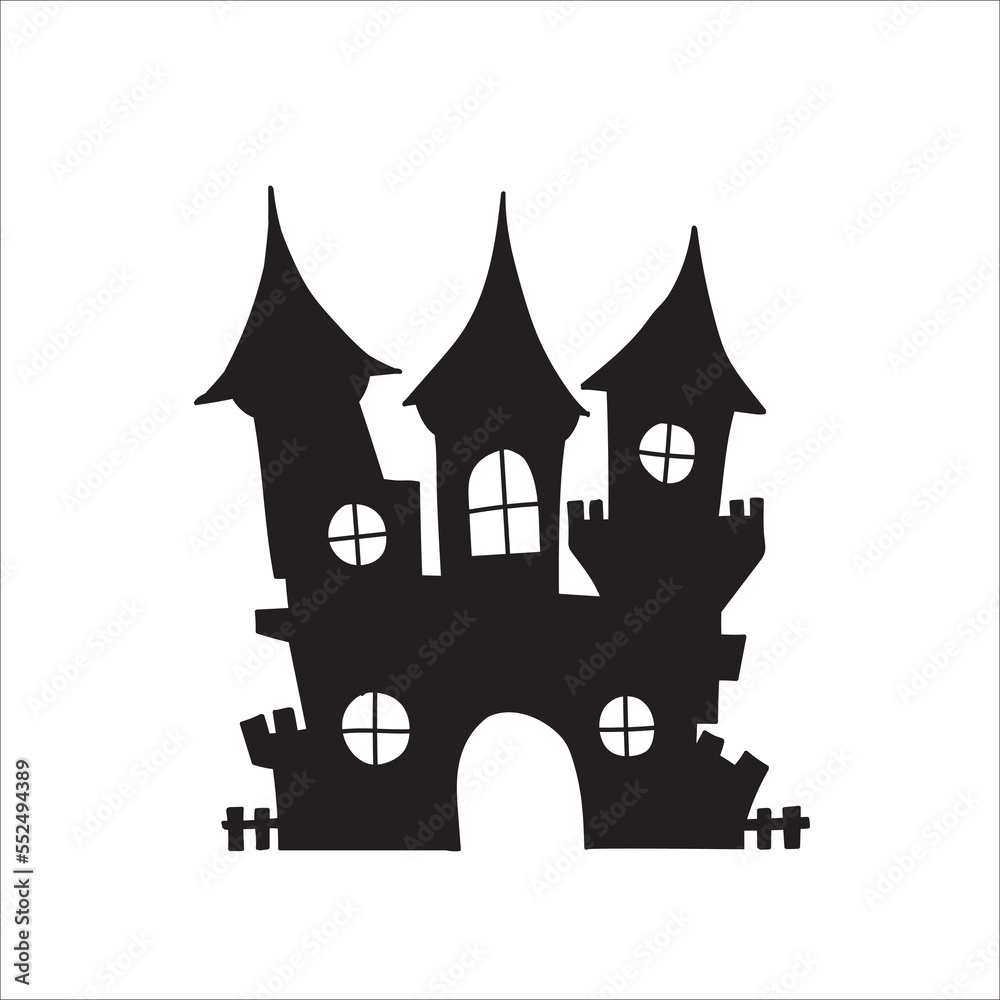 Silhouette of haunted house, ghost mansion, castle. Black silhouettes of Halloween creepy mansions 