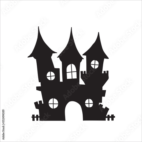 Silhouette of haunted house, ghost mansion, castle. Black silhouettes of Halloween creepy mansions 