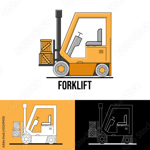 Yellow forklift truck isolated on white background. Forklift unloads the pallets with boxes. Delivery, logistic and shipping cargo