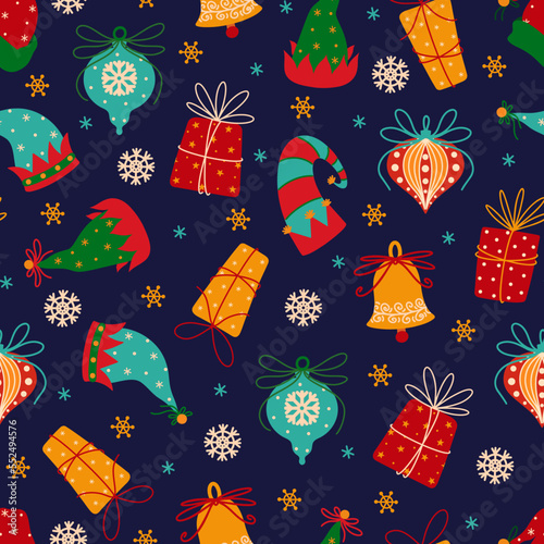 Merry Christmas and Happy New Year seamless vector pattern. Winter holiday symbols - gifts, snowflakes, tree toy, jingle bells, hats of Santa Claus and elves. Flat cartoon background for wallpaper