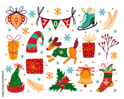 Merry Christmas and happy New Year vector icons set. Winter holiday symbols - holly, gifts, bell, tree, festive stocking, cute dog, snowflake, Santa Claus hat. Flat cartoon clipart for prints, cards
