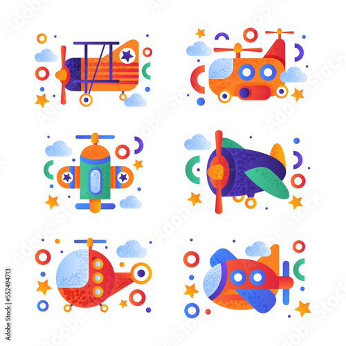 Aero Vehicle Icon with Plane and Helicopter Colorful Pictogram Vector Set