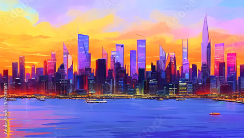Vibrant city skyline with gleaming skyscrapers and colorful lights