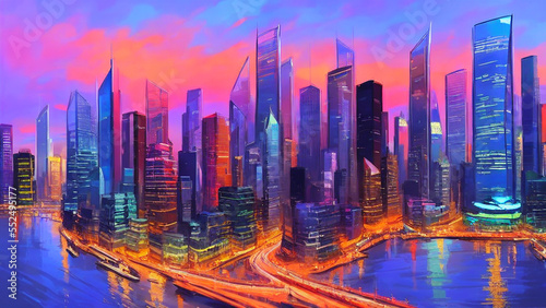 Vibrant city skyline with gleaming skyscrapers and colorful lights © Haze