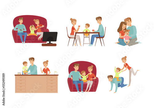 Parents with Their Children Spending Good Time Together Playing Computer Game, Eating, Sitting in Armchair and Cooking Vector Set