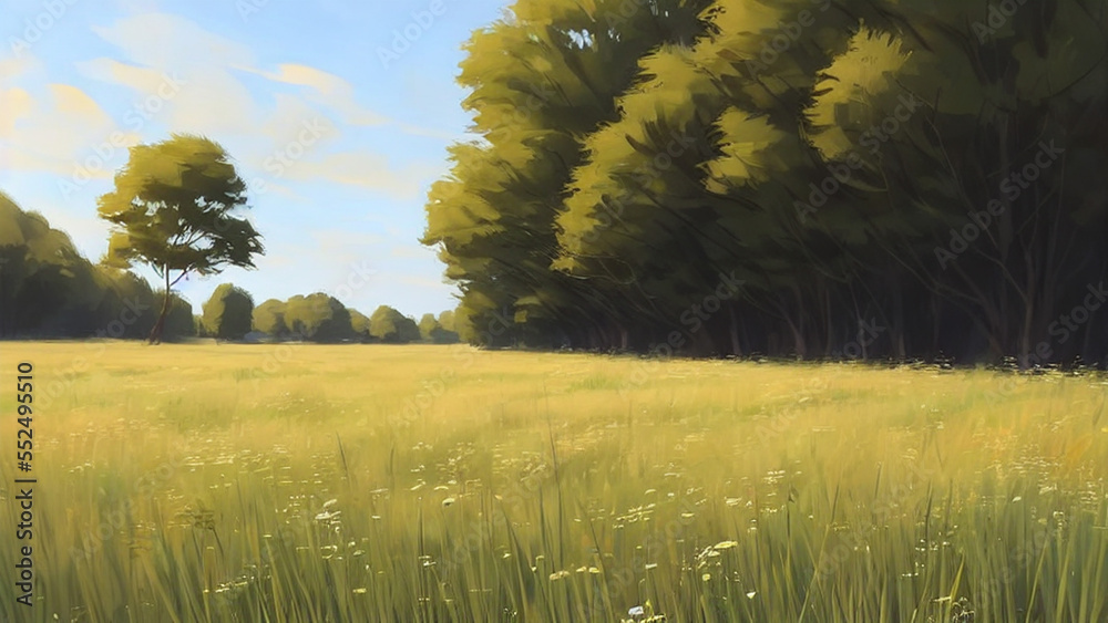 Naklejka premium Lush, green meadow with tall grasses and wildflowers