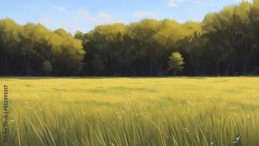 Lush, green meadow with tall grasses and wildflowers
