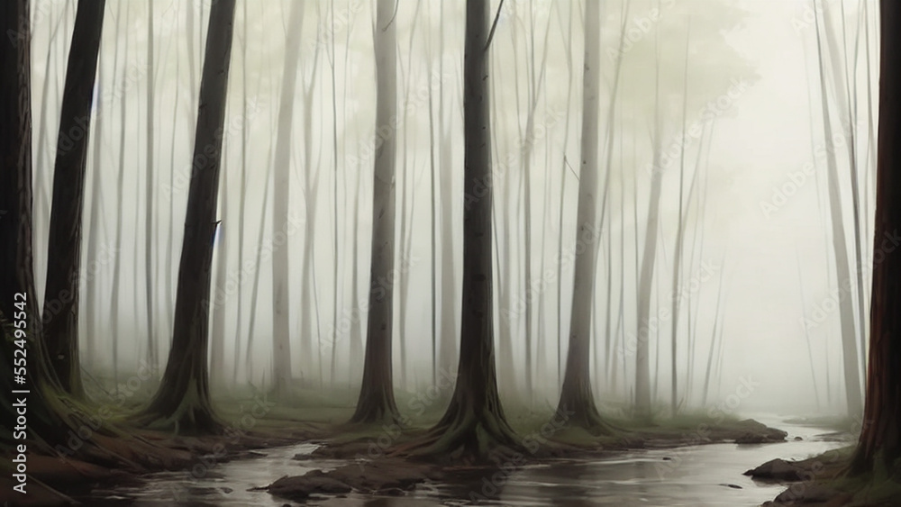 Mystical, foggy forest with towering trees and a peaceful stream Mystical, foggy forest with towering trees and a peaceful stream