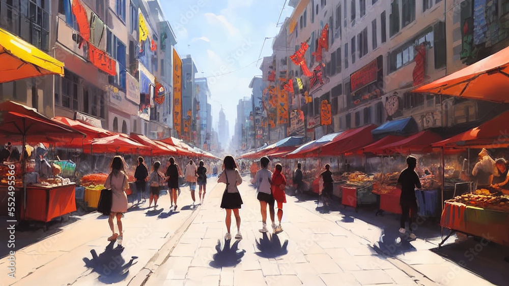 Vibrant, bustling street market with colorful stalls and people