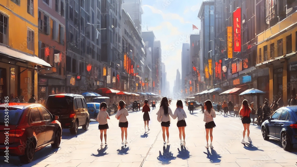 Obraz premium Vibrant, bustling city street with shops, cafes, and people