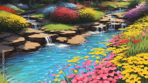 Vibrant, colorful flower garden with a variety of blooming flowers and a babbling brook