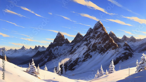 Stunning, snowy mountain range with a clear blue sky © Haze
