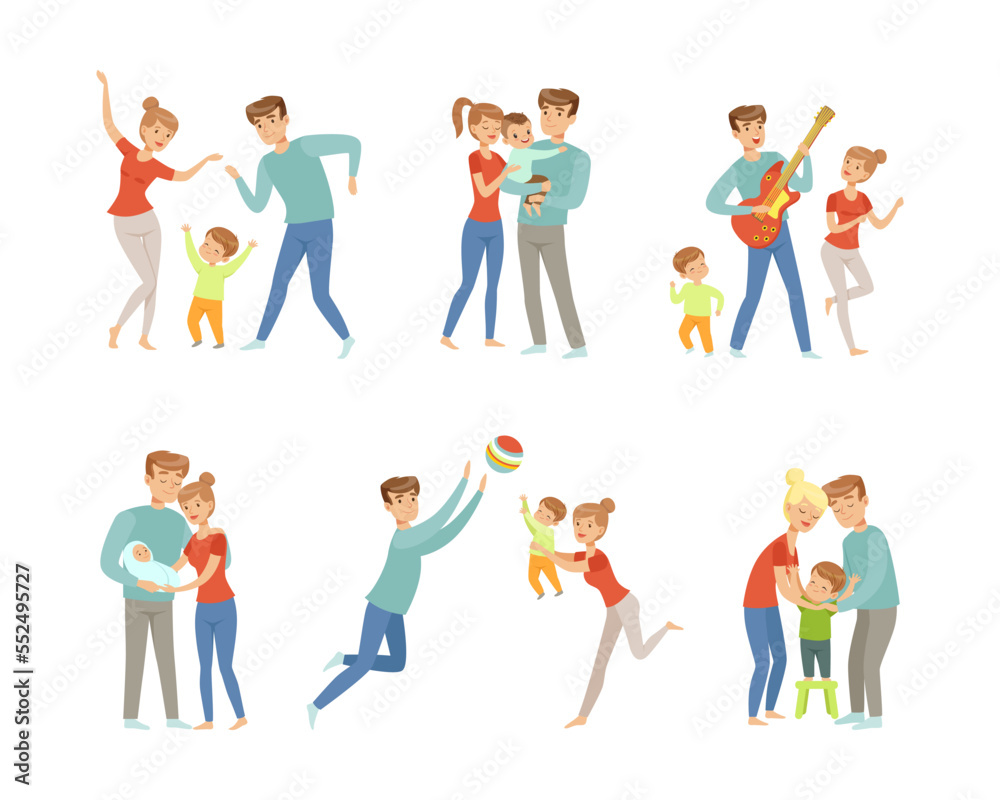 Parents with Their Children Spending Good Time Together Dancing, Embracing, Playing Guitar and Ball Vector Set