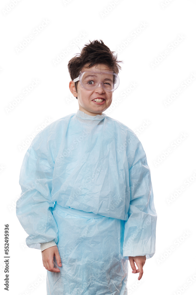 Waist-length emotional portrait on white background, surprised shocked teen nerd schoolboy, young chemist scientist in lab coat and glasses with a chaotic hairstyle, smiling in surprise at the camera Waist-length emotional portrait on white background, surprised shocked teen nerd schoolboy, young chemist scientist in lab coat and glasses with a chaotic hairstyle, smiling in surprise at the camera