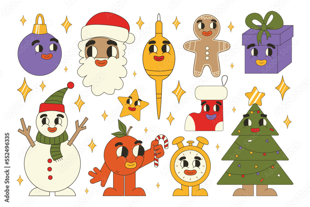 Groovy Christmas stickers. Santa Claus, Christmas tree, gifts, gingerbread in trendy retro cartoon style. Cartoon characters and elements. Groovy Christmas stickers. Santa Claus, Christmas tree, gifts, gingerbread in trendy retro cartoon style. Cartoon characters and elements.