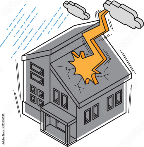 落雷が直撃して停電になった住宅のアイソメイラスト