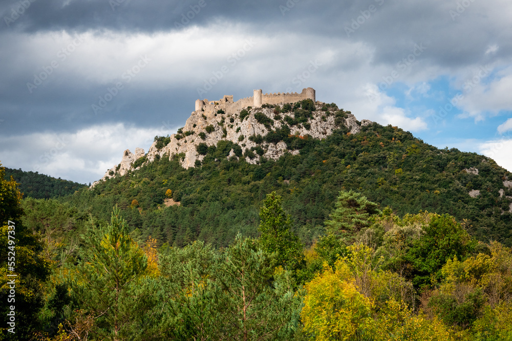 The castle of Chateau de Puilaurens on a mountaintop in France