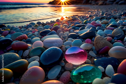 Beautiful seascape with transparent stone at the beach, sunset, closeup, wallpaper, background 