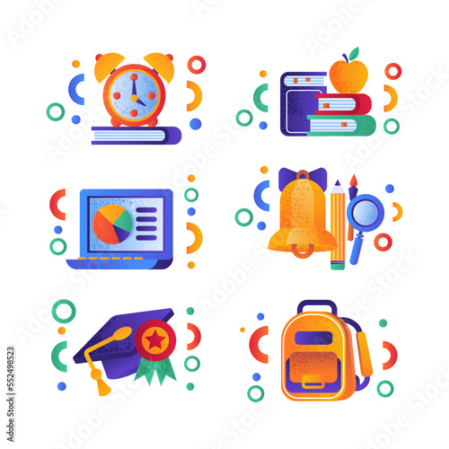 Science and Education Icon with Alarm Clock, Laptop, Graduation Hat, Backpack, Bell and Books Vector Set