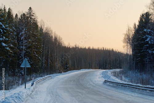 Winter road in the early January morning. Western Siberia. Russia.