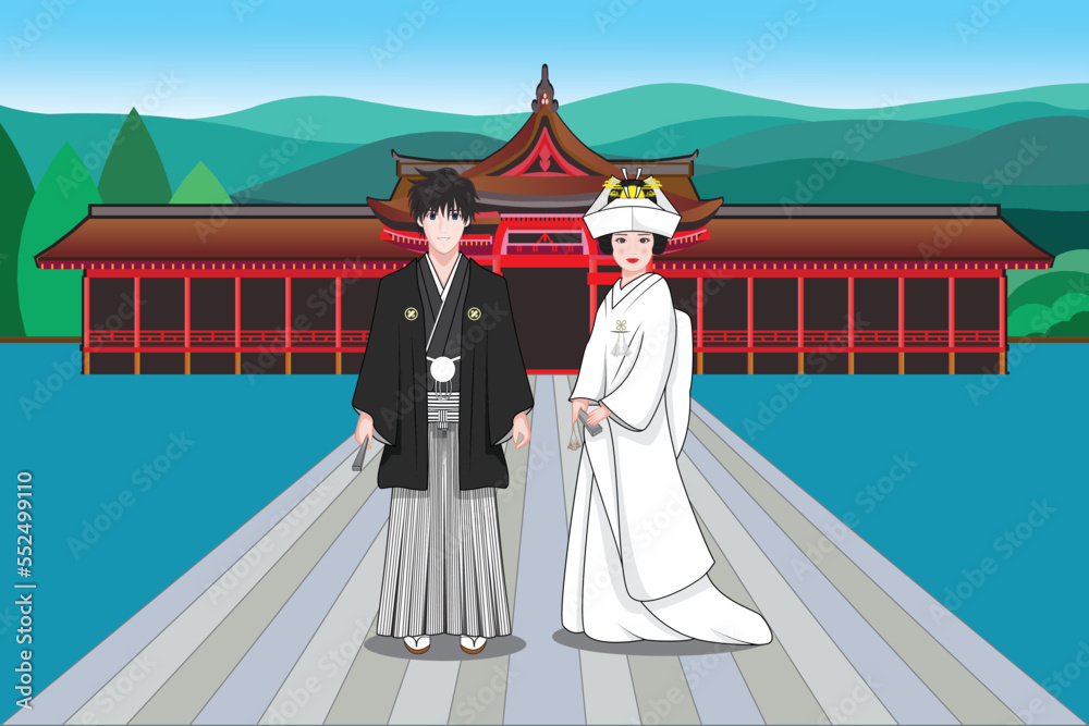 Fototapeta premium Japanese bride and groom dress in formal wedding Kimono and Hakama background with shinto shrine drawing in cartoon vector