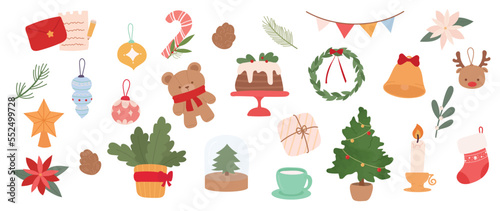 Set of winter vibrant christmas element vector illustration. Collection of christmas tree, bauble ball, letter, cake, plant, teddy bear, bell. Design for sticker, card, poster, invitation, greeting.