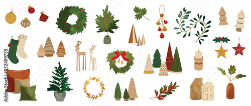 Set of watercolor christmas element vector illustration. Collection of christmas wreath, bauble ball, socks, decorative christmas tree, bell. Design for sticker, card, poster, invitation, greeting.