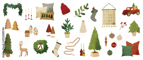 Set of watercolor christmas element vector illustration. Collection of christmas wreath, bauble ball, socks, christmas tree, reindeer, hat. Design for sticker, card, poster, invitation, greeting.