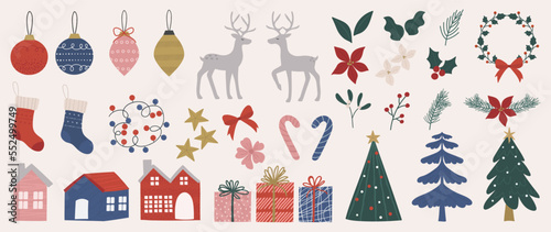 Set of decorative christmas element vector illustration. Collection of christmas tree, reindeer, bauble ball, socks, present, house, flower. Design for sticker, card, poster, invitation, greeting.