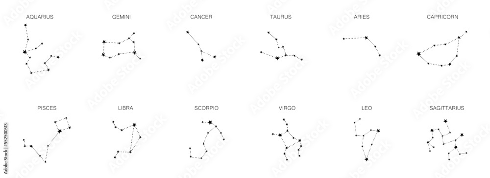 Set of 12 zodiac signs isolated on white background. Constellation of Aries, Taurus, Leo, Gemini, Virgo, Scorpio, Libra, Aquarius, Sagittarius, Pisces, Capricorn, Cancer. - obrazy, fototapety, plakaty 