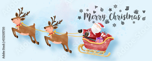 Santa Claus Christmas cartoon character riding in his sleigh pulled by a reindeer in watercolors style on blue paper pattern background.