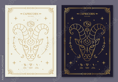 Capricorn zodiac horoscope golden signs on dark navy and white cards set. Stylized Goat symbols of esoteric, zodiacal astrological calendar, horoscope constellation n thin line vector illustration