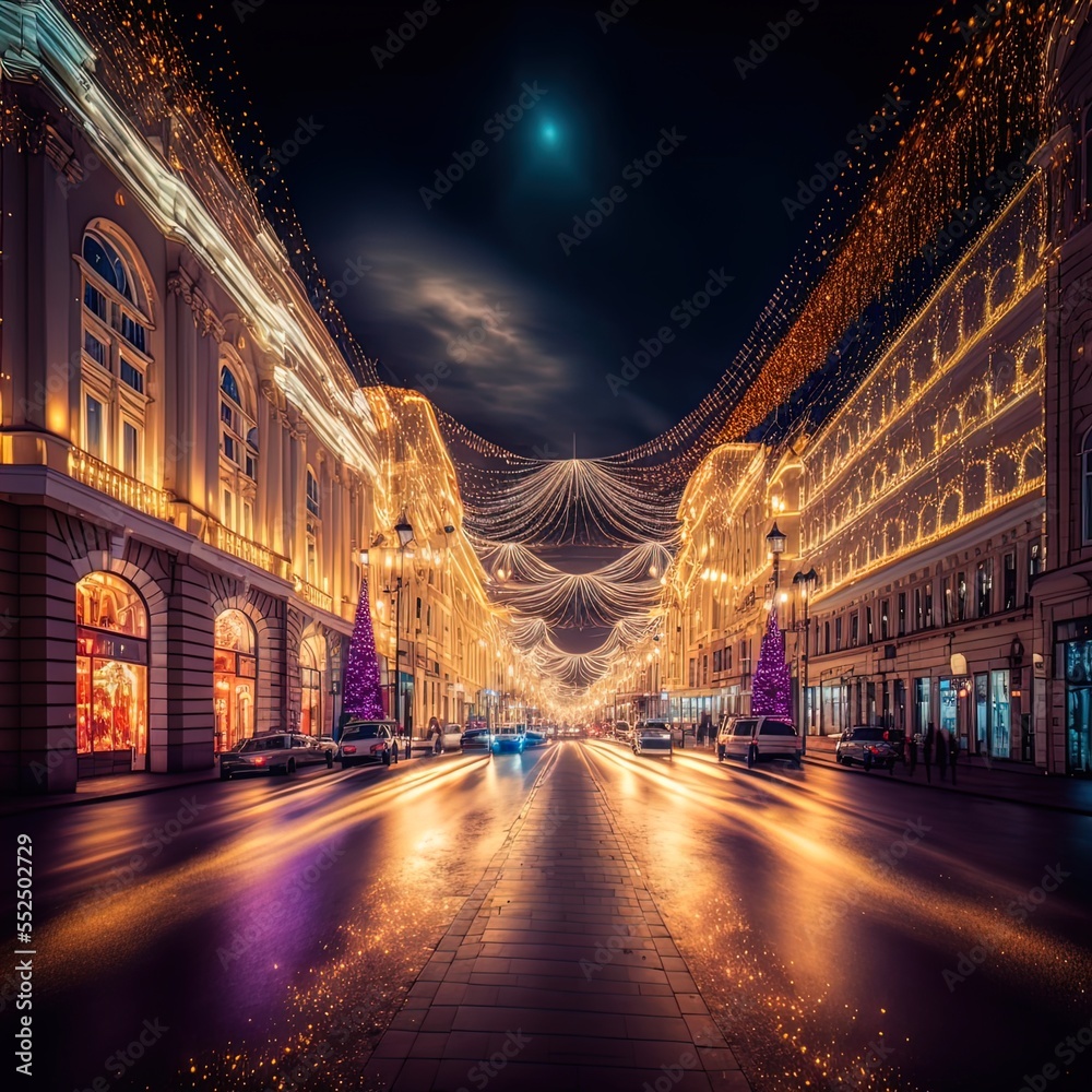 Obraz premium Streets lit up for the winter holiday festival. 