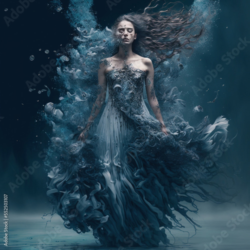 Female model with dress made from liquid splashes