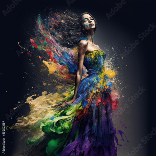 Female model with dress made from liquid splashes