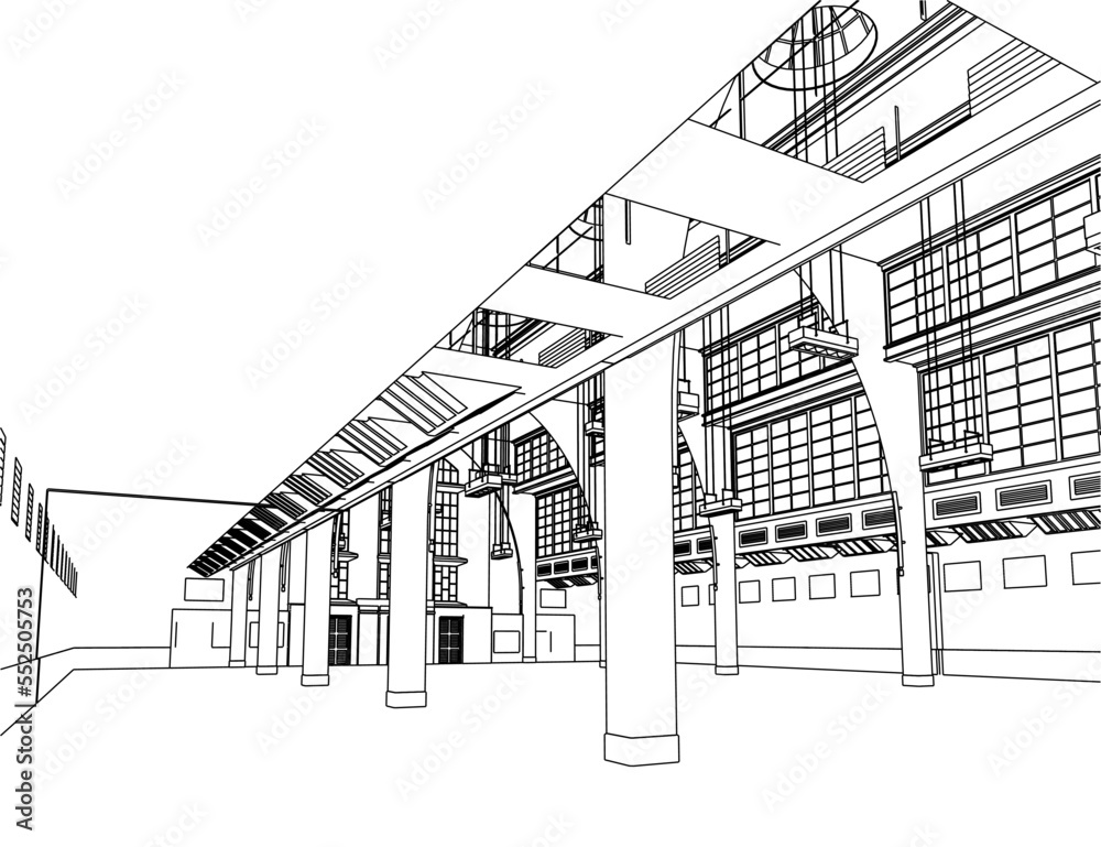The contour of the premises of a large luxury building with decorative elements from black lines isolated on a white background. 3D. Vector illustration.